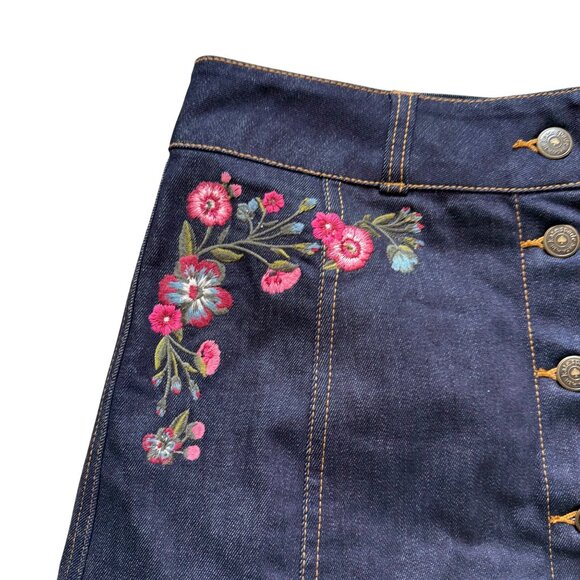 KATE SPADE Broome Street Embroidered Floral A-Line Skirt Indigo Blue Denim Butto - Picture 2 of 8
